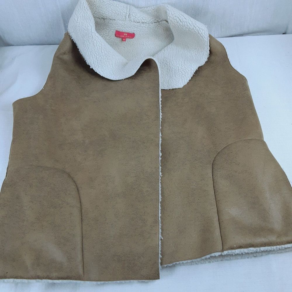 Elaine Turner Womens Sleeveless Faux Suede Leather Open Vest Size M/L Shearling
